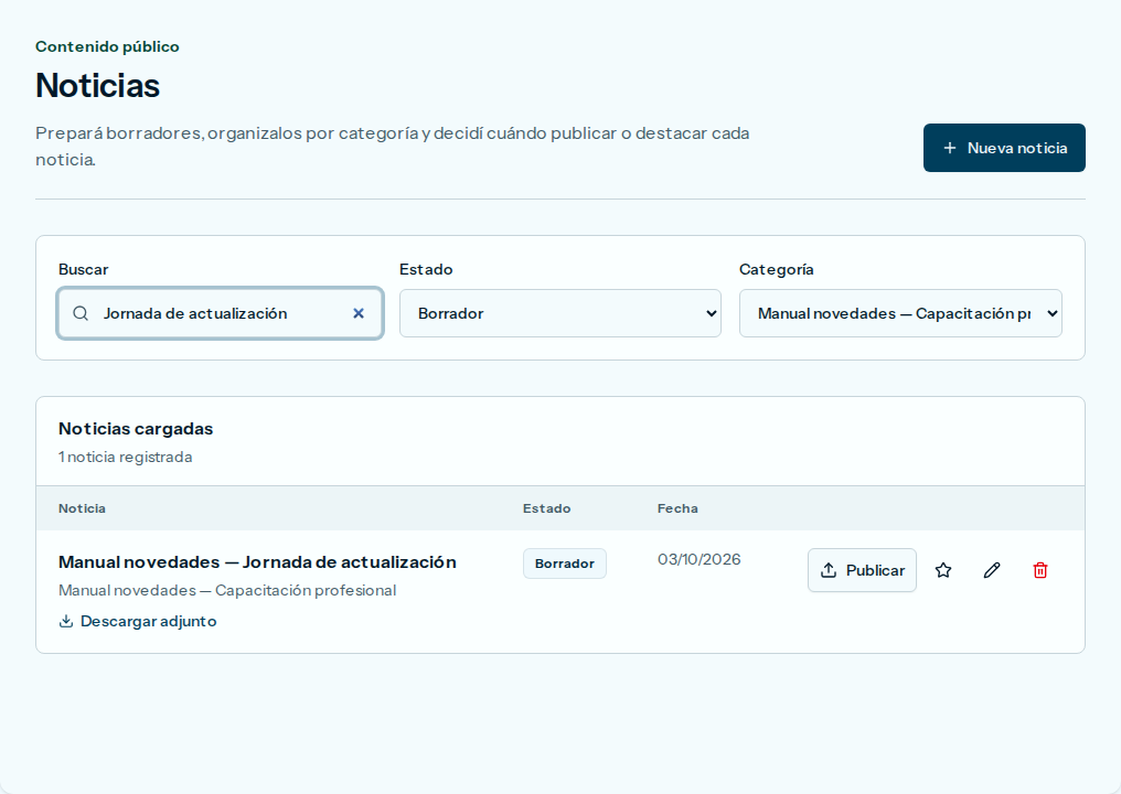 Búsqueda Jornada de actualización, con Estado en Borrador y la categoría elegida