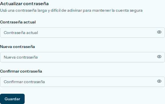 Formulario Actualizar contraseña, con Contraseña actual, Nueva contraseña, Confirmar contraseña y el botón Guardar