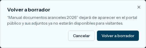 Aviso Volver a borrador, con el nombre del documento