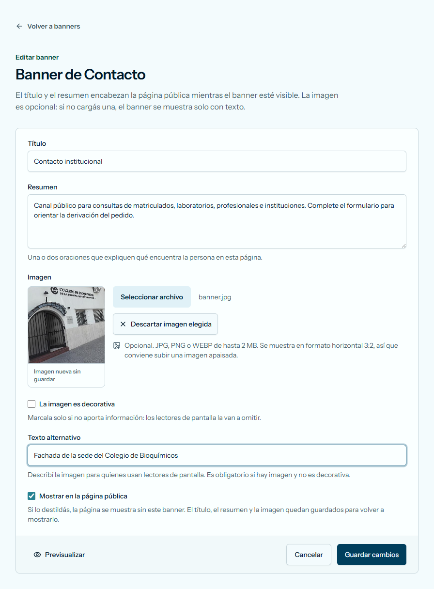 Formulario Banner de Contacto, con una imagen elegida sin guardar y el texto alternativo completo