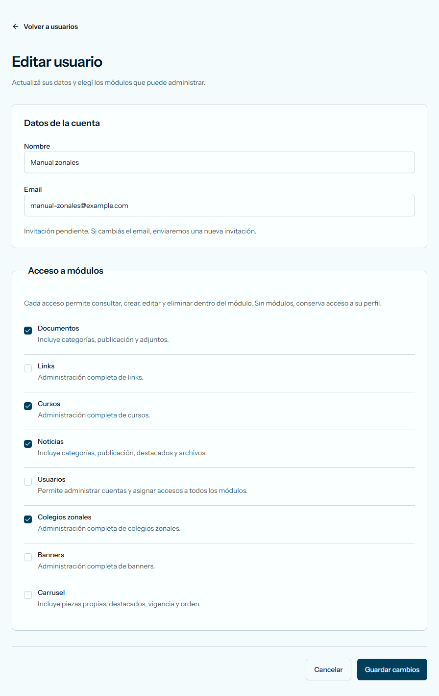 Formulario Editar usuario, con Documentos, Cursos, Noticias y Colegios zonales marcados y la invitación pendiente