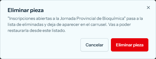 Cuadro Eliminar pieza, con el título de la pieza y los botones Cancelar y Eliminar pieza