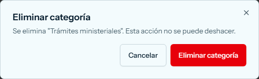 Cuadro Eliminar categoría, con Cancelar y Eliminar categoría