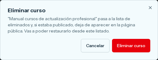Cuadro Eliminar curso, con Cancelar y Eliminar curso