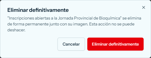 Cuadro Eliminar definitivamente, con el título de la pieza y los botones Cancelar y Eliminar definitivamente