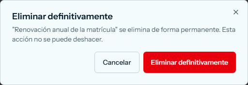 Cuadro Eliminar definitivamente, con el aviso de que no se puede deshacer