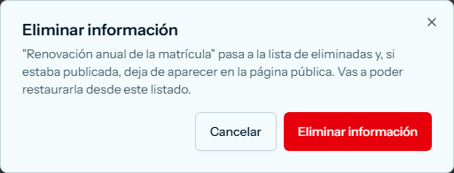 Cuadro Eliminar información, con Cancelar y Eliminar información
