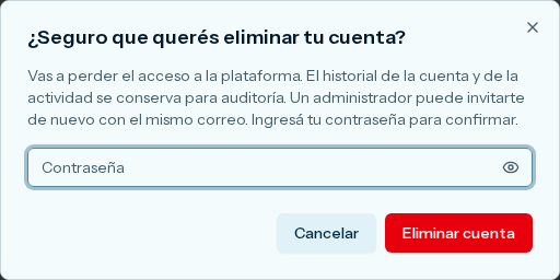 Cuadro ¿Seguro que querés eliminar tu cuenta?, con Contraseña, Cancelar y Eliminar cuenta