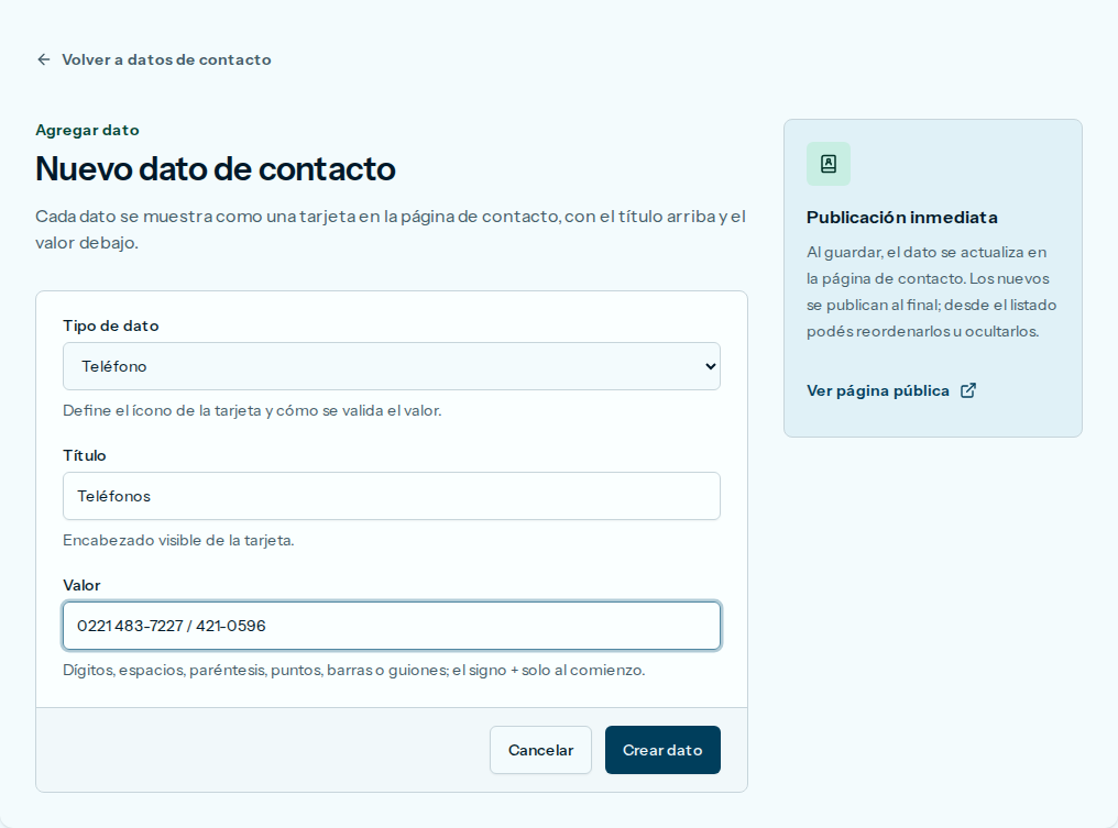Formulario Nuevo dato de contacto con el tipo Teléfono elegido
