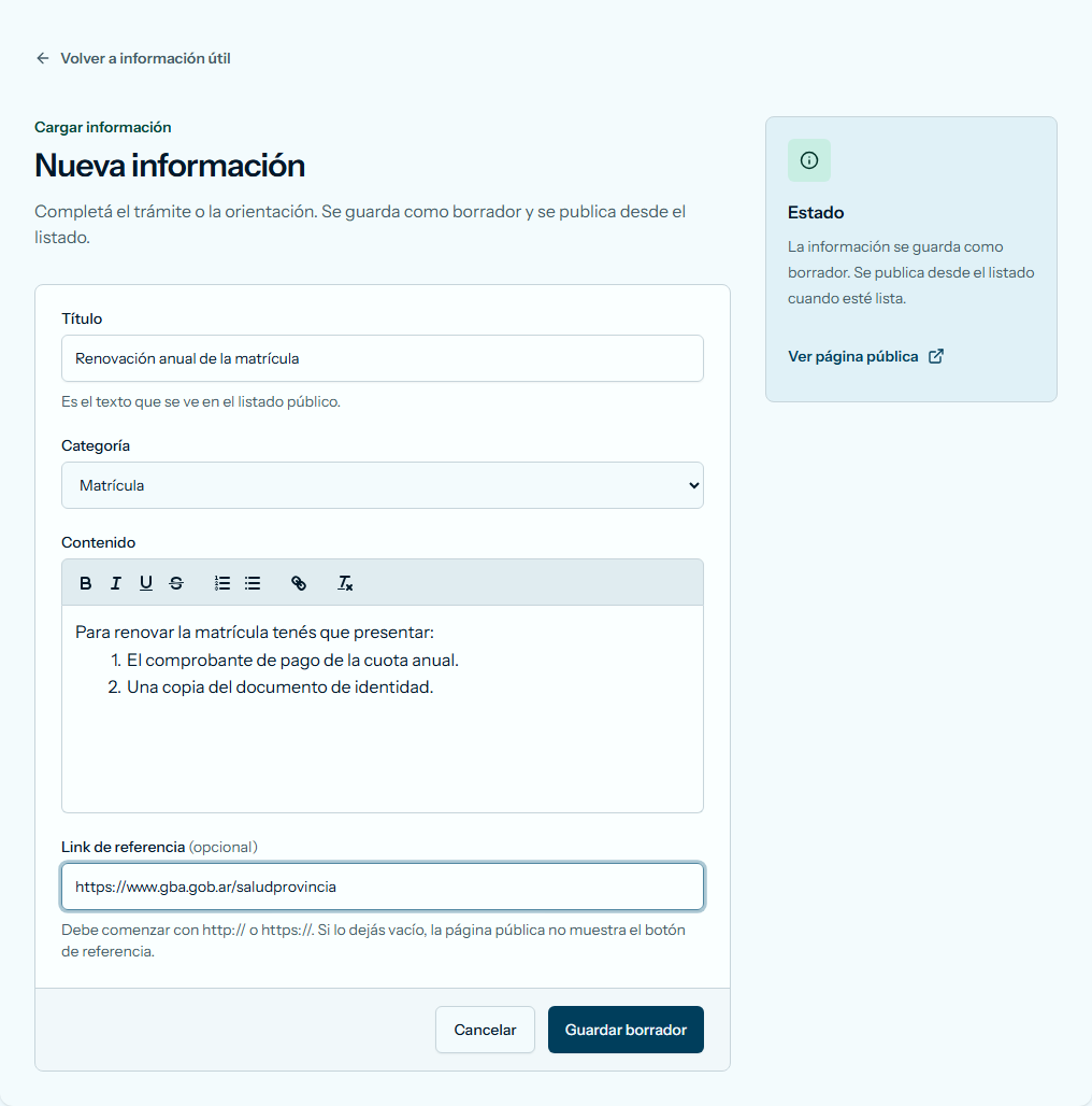 Formulario Nueva información con título, categoría, contenido en lista numerada y link de referencia