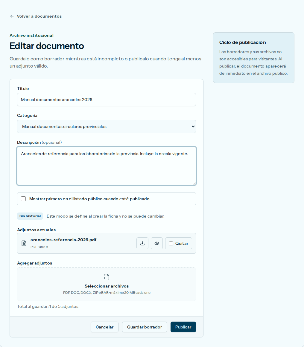 Ficha de edición, con el archivo adjunto y la casilla Quitar