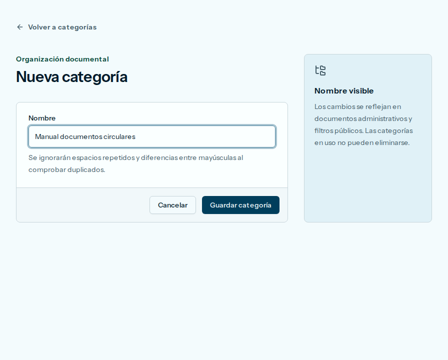 Formulario de una categoría nueva, con el nombre completo