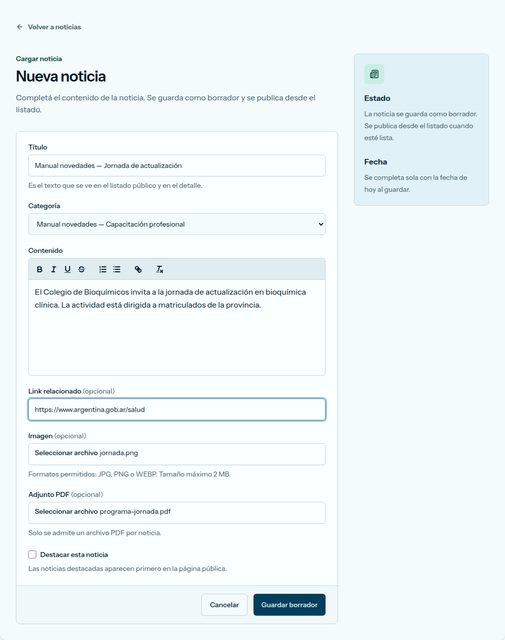 Formulario Nueva noticia con título, categoría, texto, enlace, imagen y PDF