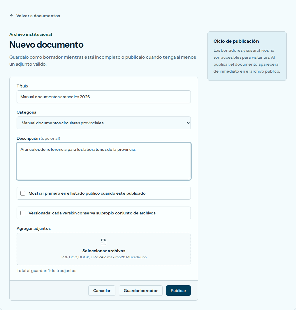 Formulario de un documento nuevo, con título, categoría y un adjunto