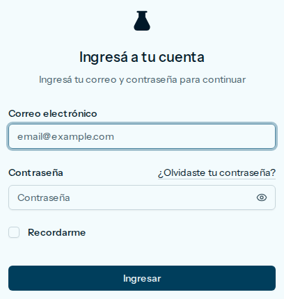 Formulario Ingresá a tu cuenta, con Correo electrónico, Contraseña, Recordarme y el botón Ingresar
