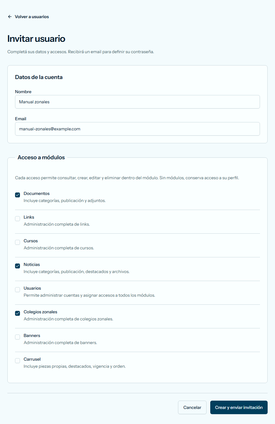 Formulario Invitar usuario, con el nombre y el email completos y los módulos Documentos, Noticias y Colegios zonales marcados