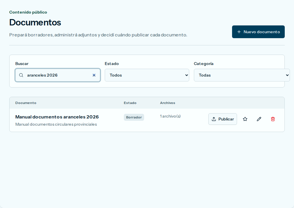 Listado de documentos, con un borrador y el botón Publicar