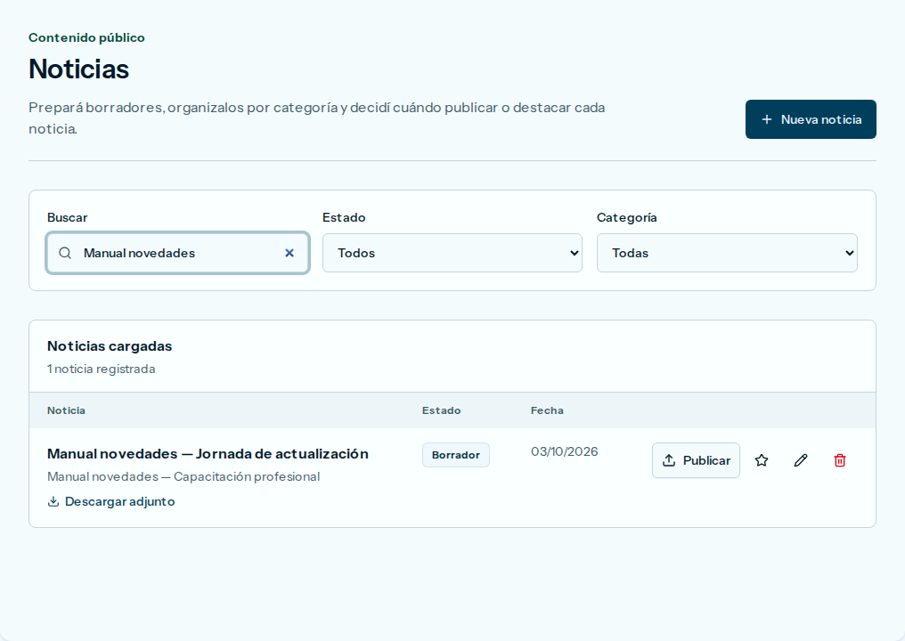 Listado de Noticias, con la búsqueda, una noticia en Borrador, Publicar y Descargar adjunto