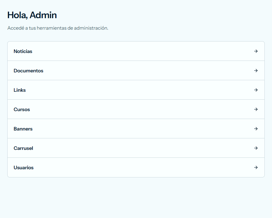 Inicio del panel, con el saludo Hola, Admin y la lista Noticias, Documentos, Links, Cursos, Banners, Carrusel y Usuarios