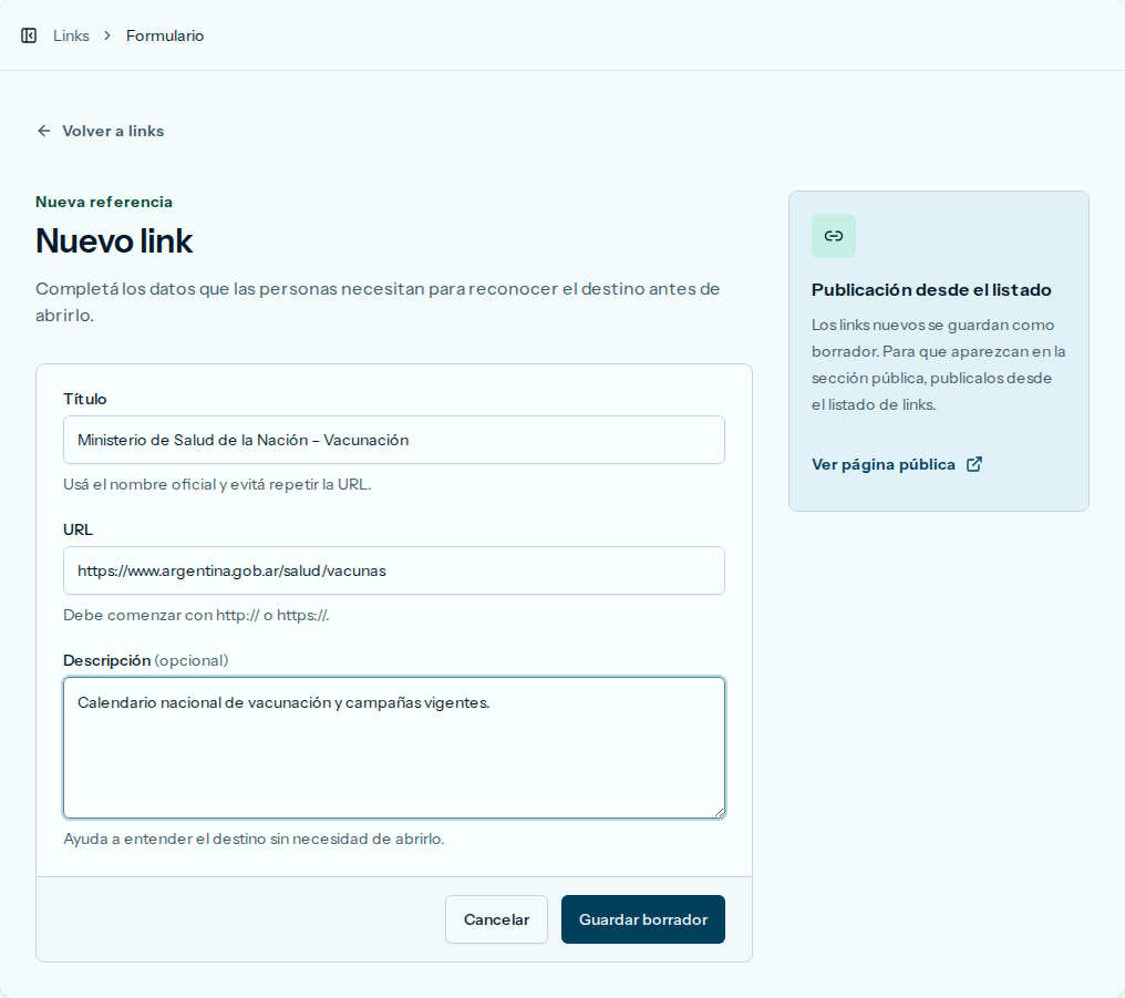 Formulario Nuevo link, con título, URL y descripción ya completos
