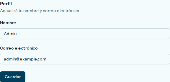 Formulario Perfil, con Nombre, Correo electrónico y el botón Guardar