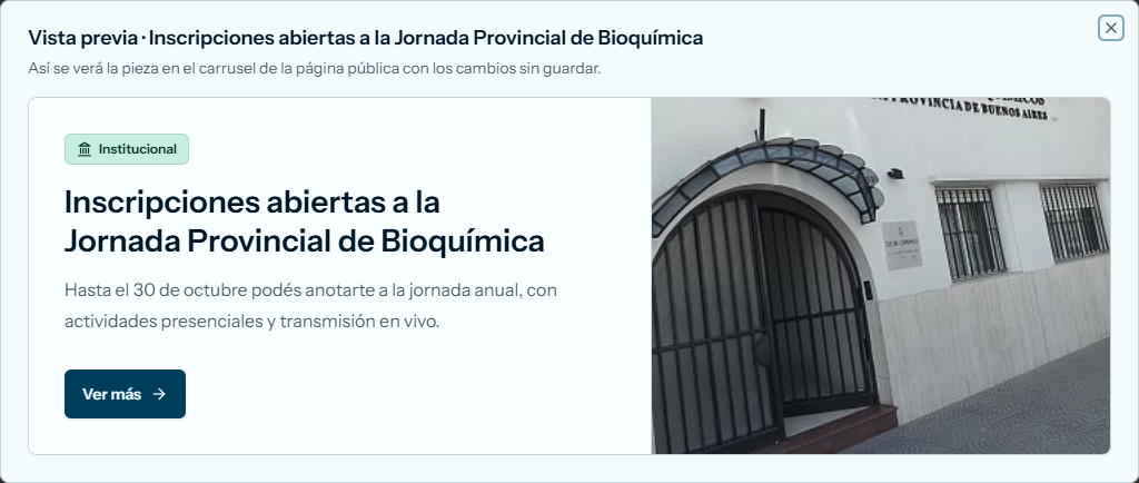 Vista previa de la pieza, con la etiqueta Institucional, el título, el resumen, el botón Ver más y la imagen
