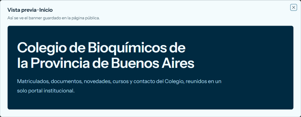 Vista previa del banner de Inicio, con el título y el resumen sobre fondo azul