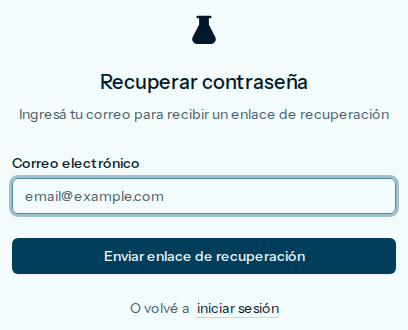 Pantalla Recuperar contraseña, con Correo electrónico y el botón Enviar enlace de recuperación