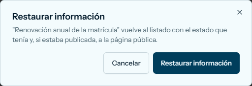 Cuadro Restaurar información, con Cancelar y Restaurar información