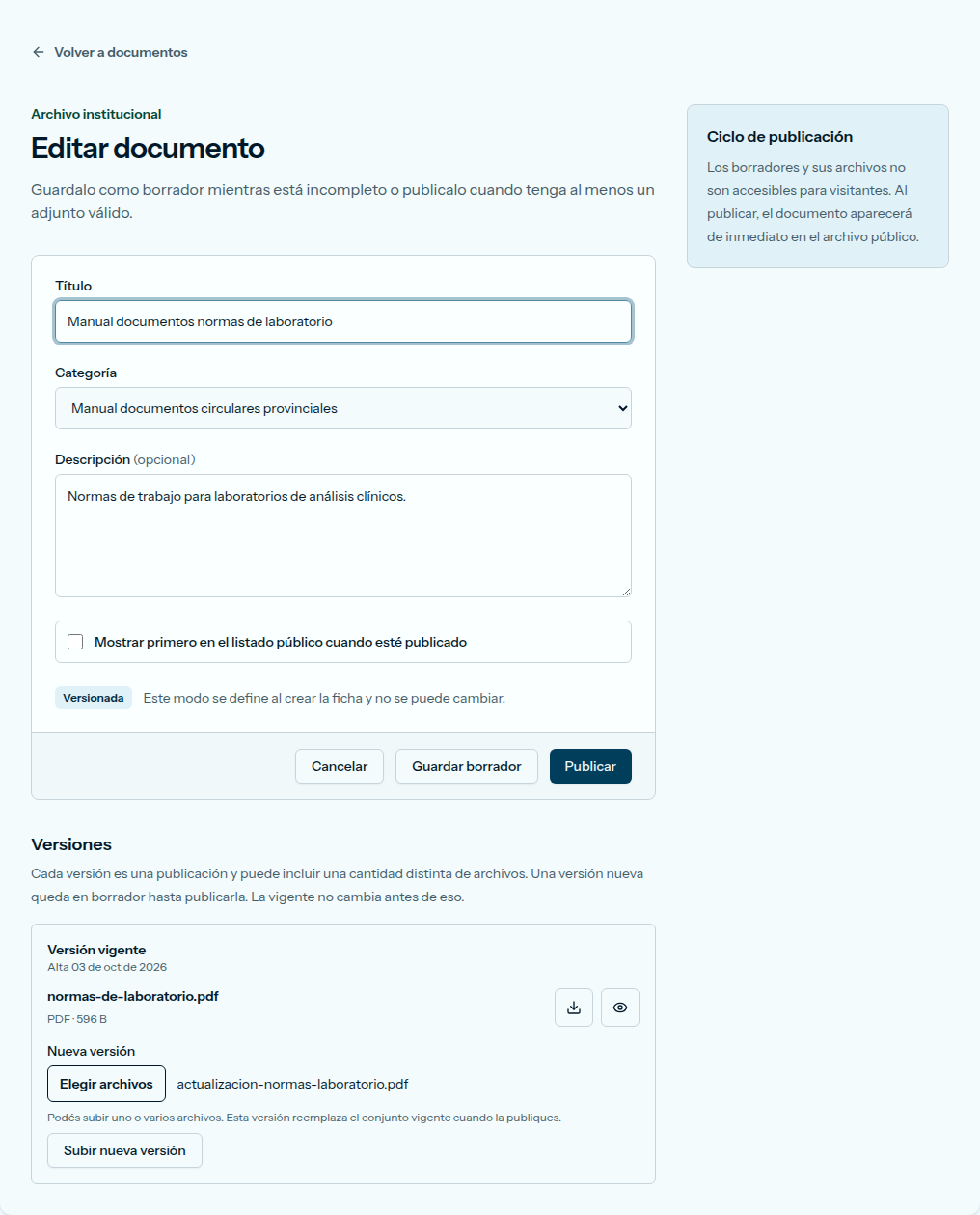 Versiones del documento, con un archivo elegido en Nueva versión