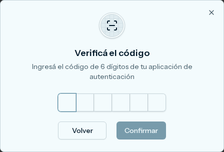 Cuadro Verificá el código, con seis casillas vacías y los botones Volver y Confirmar